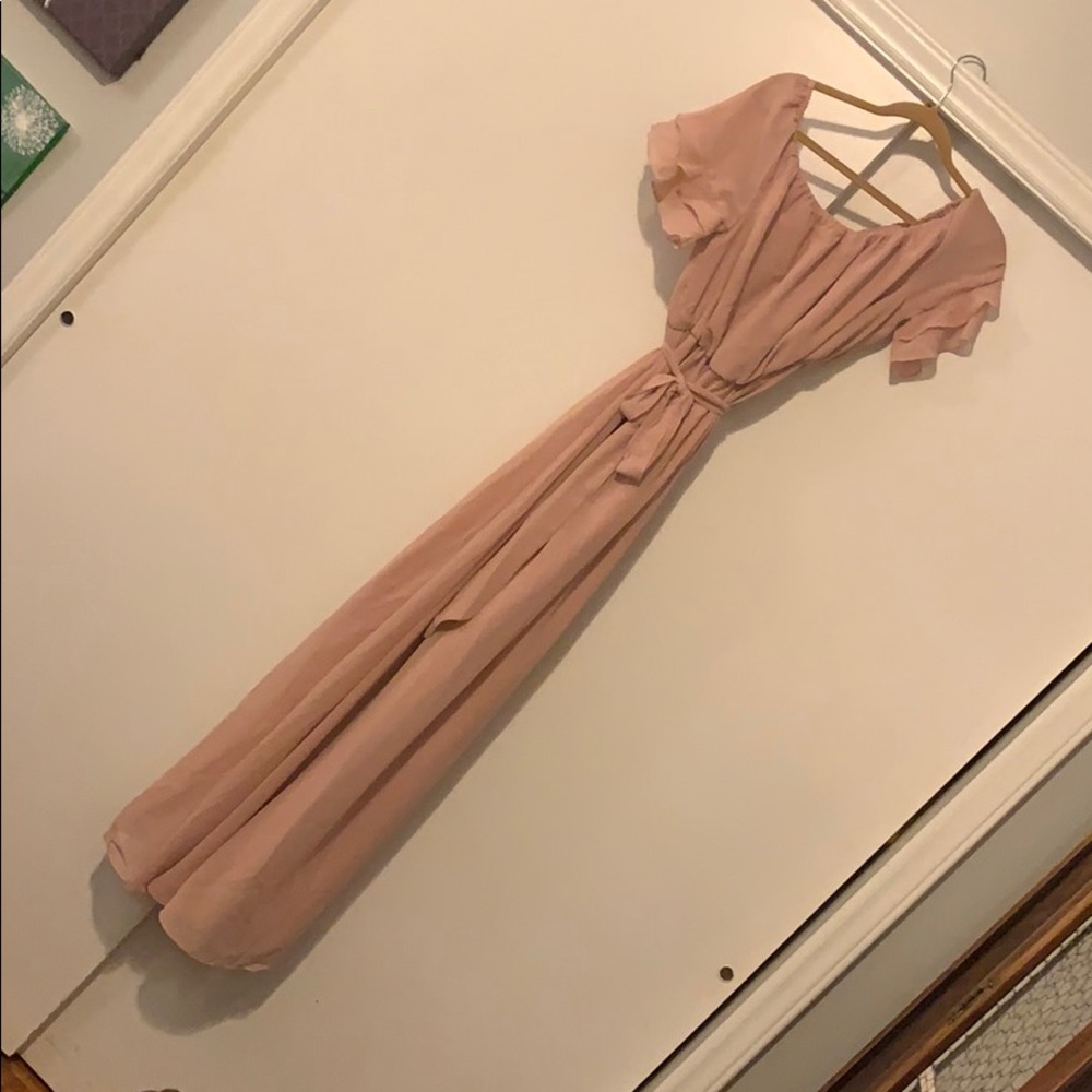 Blush, off the shoulder, chiffon gown